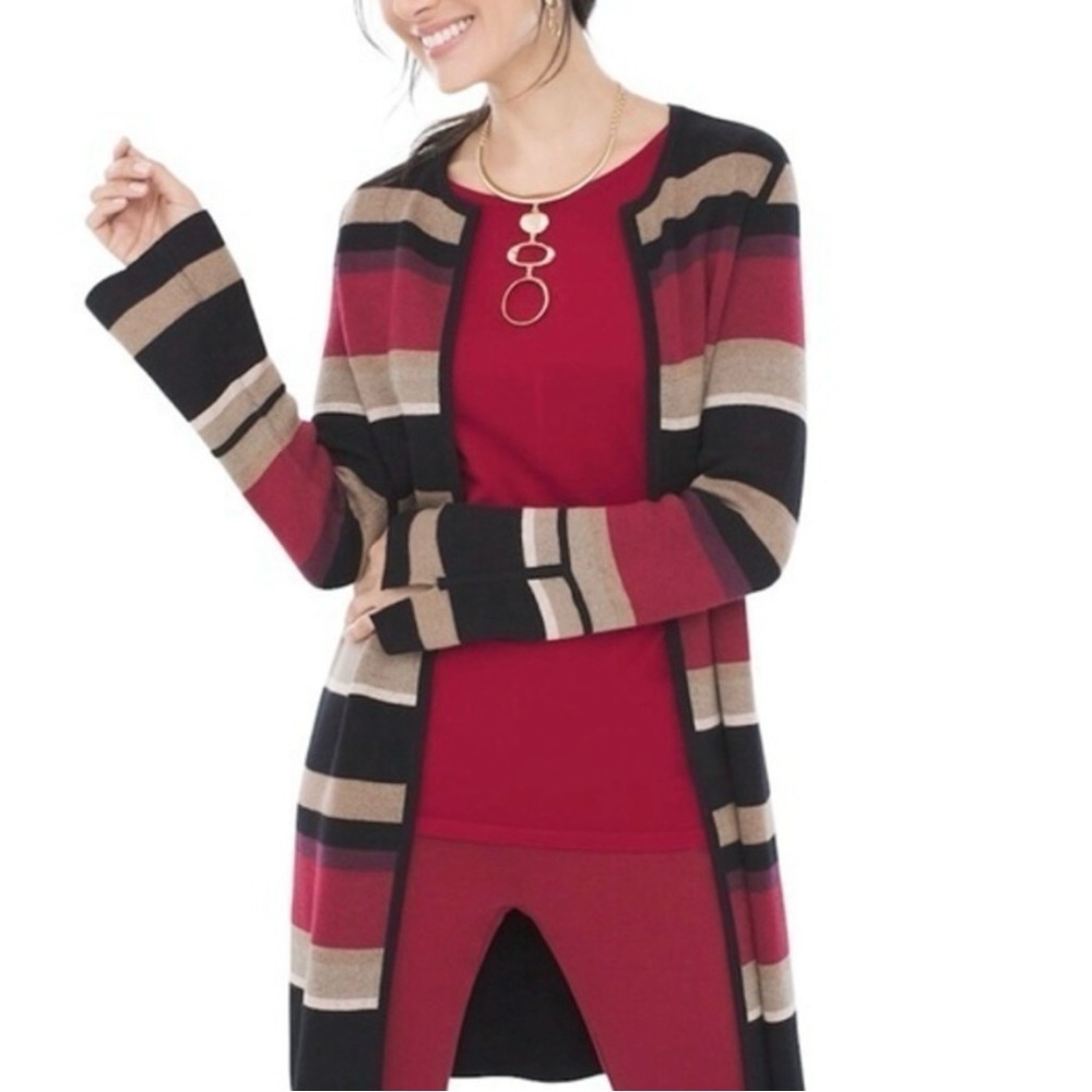 Chico’s Cardigan Reversible Striped Black Burgundy Multi Open Front NWT SP